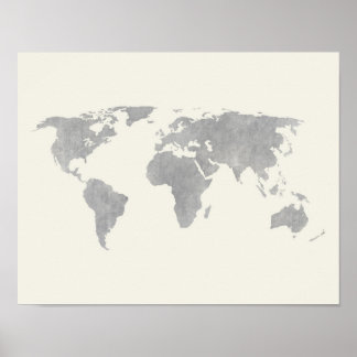 Grått World Map on canvas-bakgrund Poster