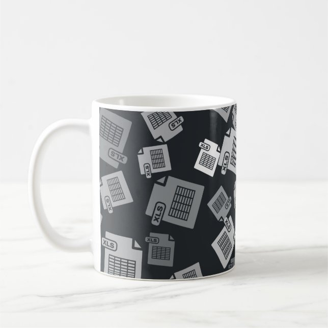 Grått XLS-fildokument. Knappikonen Hämta xls i Kaffemugg (Vänster)