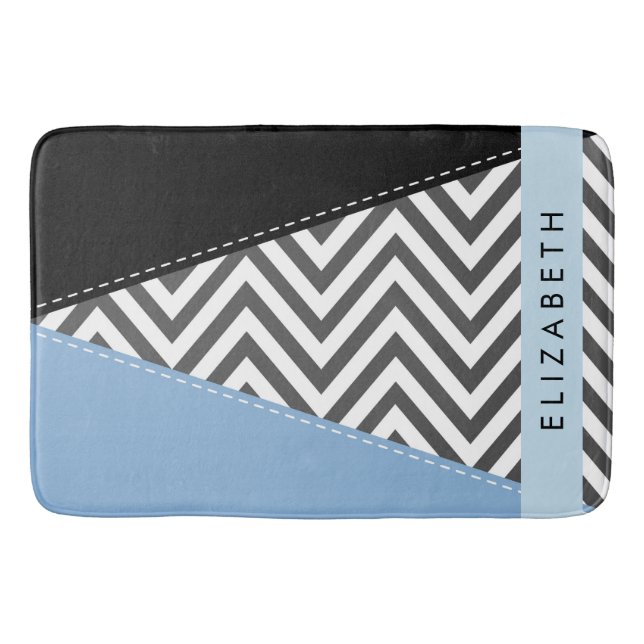Grått Zigzag, Grått Chevron, Blue, Ditt namn Badrumsmatta (Framsidan)
