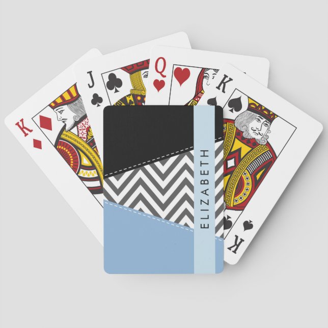 Grått Zigzag, Grått Chevron, Blue, Ditt namn Casinokort (Baksidan)