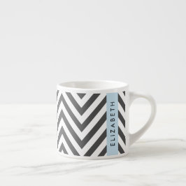 Grått Zigzag, Grått Chevron, Blue, Ditt namn Espressomugg