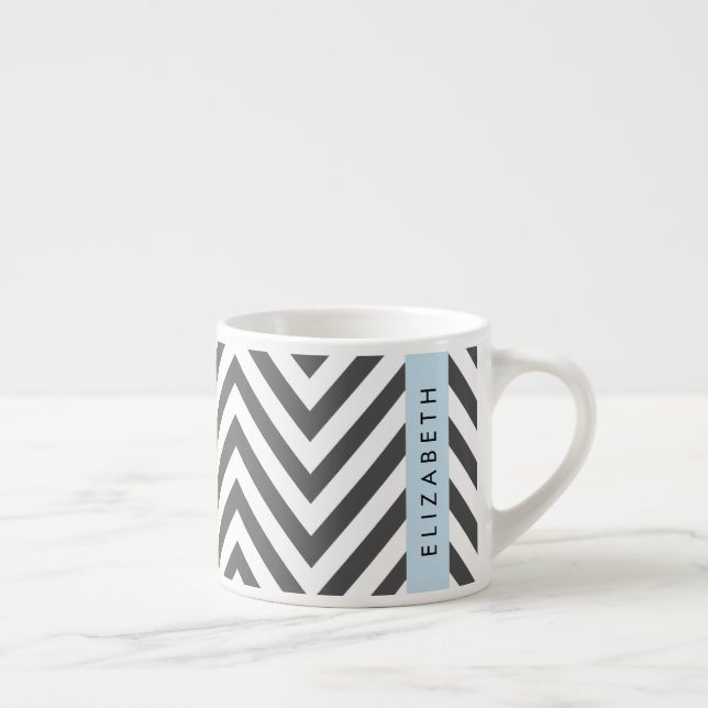 Grått Zigzag, Grått Chevron, Blue, Ditt namn Espressomugg (Höger)