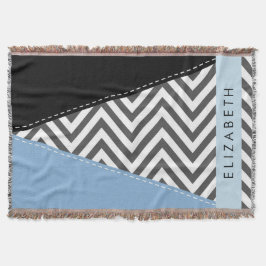 Grått Zigzag, Grått Chevron, Blue, Ditt namn Filt