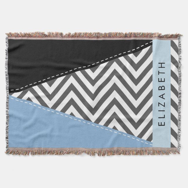 Grått Zigzag, Grått Chevron, Blue, Ditt namn Filt (Framsidan)