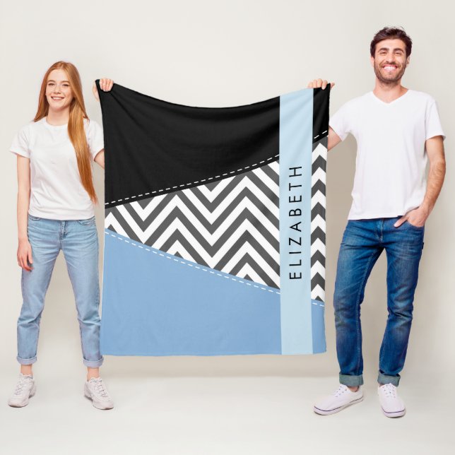 Grått Zigzag, Grått Chevron, Blue, Ditt namn Fleecefilt (På plats)