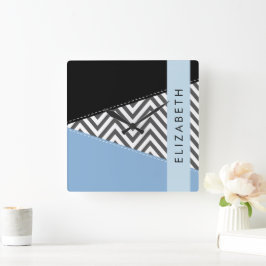 Grått Zigzag, Grått Chevron, Blue, Ditt namn Fyrkantig Klocka
