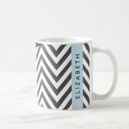 Grått Zigzag, Grått Chevron, Blue, Ditt namn Kaffemugg