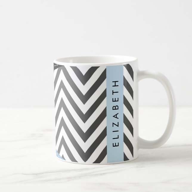 Grått Zigzag, Grått Chevron, Blue, Ditt namn Kaffemugg (Höger)