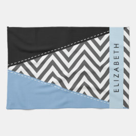 Grått Zigzag, Grått Chevron, Blue, Ditt namn Kökshandduk