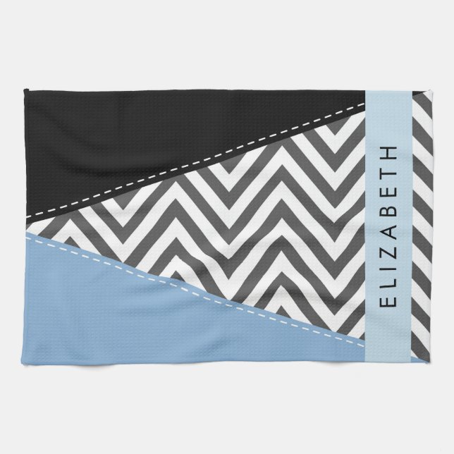 Grått Zigzag, Grått Chevron, Blue, Ditt namn Kökshandduk (Horisontell)