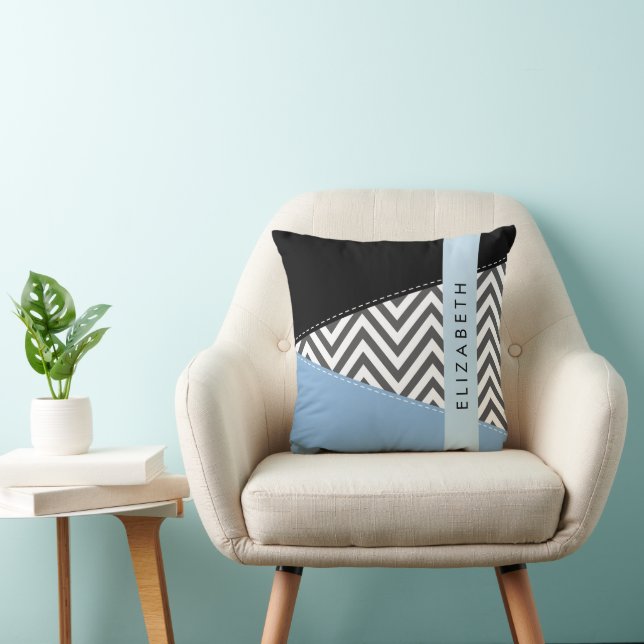 Grått Zigzag, Grått Chevron, Blue, Ditt namn Kudde (Stol)