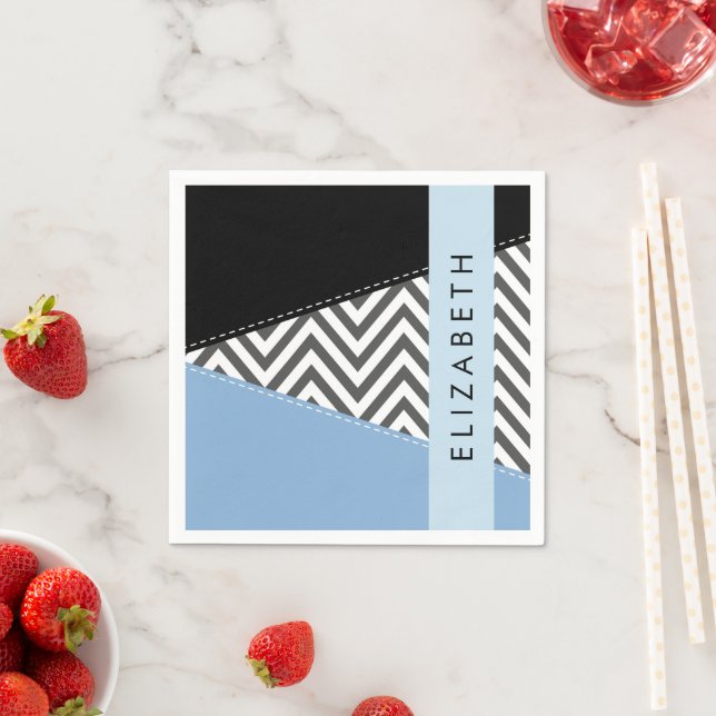 Grått Zigzag, Grått Chevron, Blue, Ditt namn Pappersservett (Insitu)