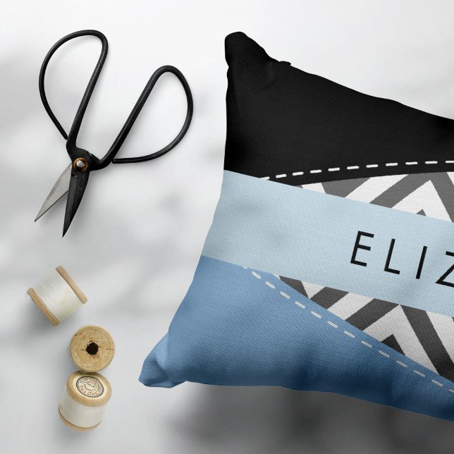 Grått Zigzag, Grått Chevron, Blue, Ditt namn Prydnadskudde (Skapare uppladdad)