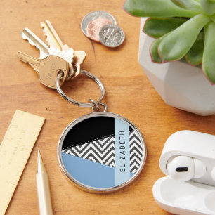 Grått Zigzag, Grått Chevron, Blue, Ditt namn Rund Silverfärgad Nyckelring