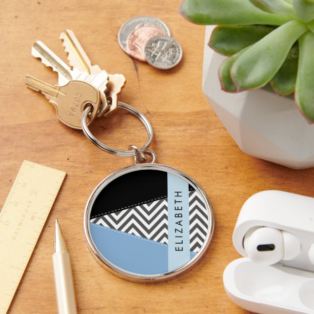 Grått Zigzag, Grått Chevron, Blue, Ditt namn Rund Silverfärgad Nyckelring (Skrivbord)