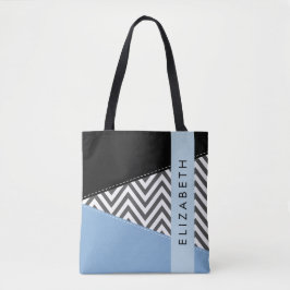 Grått Zigzag, Grått Chevron, Blue, Ditt namn Tygkasse