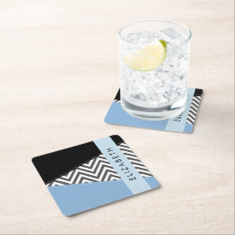 Grått Zigzag, Grått Chevron, Blue, Ditt namn Underlägg Papper Kvadrat
