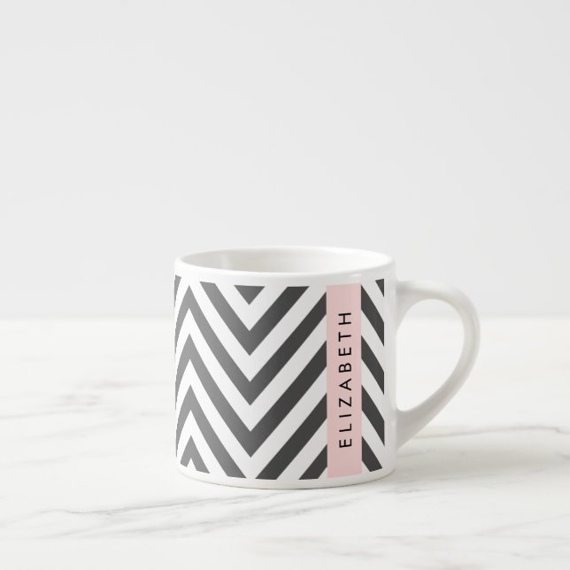 Grått Zigzag, Grått Chevron, Lila, ditt namn Espressomugg (Höger)
