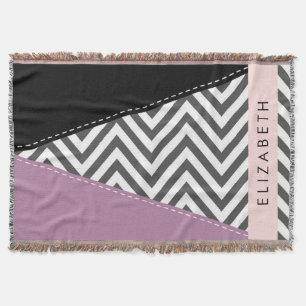 Grått Zigzag, Grått Chevron, Lila, ditt namn Filt