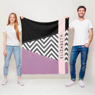 Grått Zigzag, Grått Chevron, Lila, ditt namn Fleecefilt