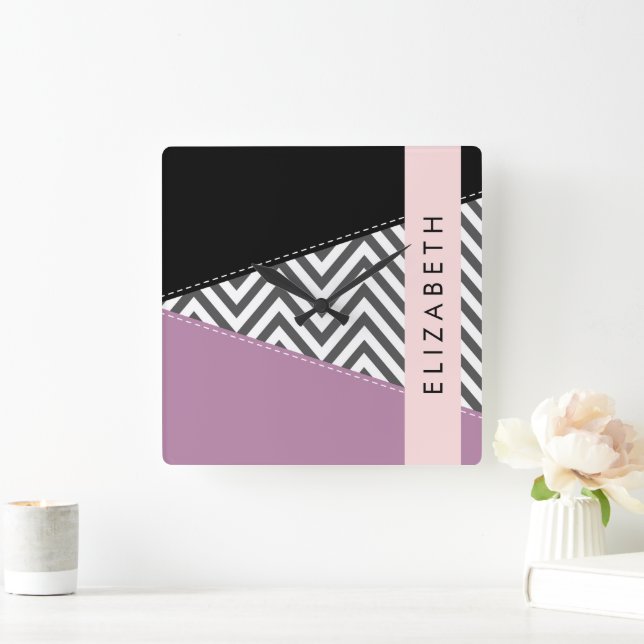 Grått Zigzag, Grått Chevron, Lila, ditt namn Fyrkantig Klocka (Hem)