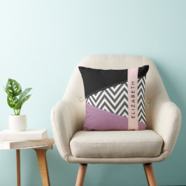 Grått Zigzag, Grått Chevron, Lila, ditt namn Kudde