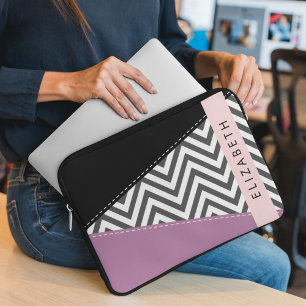Grått Zigzag, Grått Chevron, Lila, ditt namn Laptop Fodral