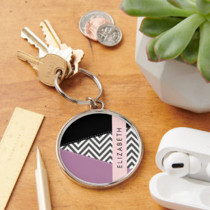 Grått Zigzag, Grått Chevron, Lila, ditt namn Rund Silverfärgad Nyckelring