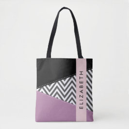 Grått Zigzag, Grått Chevron, Lila, ditt namn Tygkasse