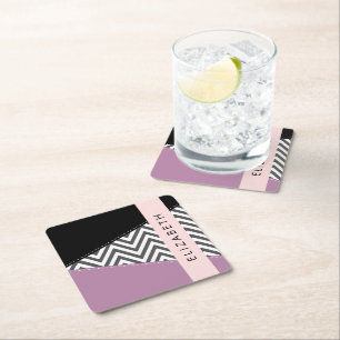 Grått Zigzag, Grått Chevron, Lila, ditt namn Underlägg Papper Kvadrat