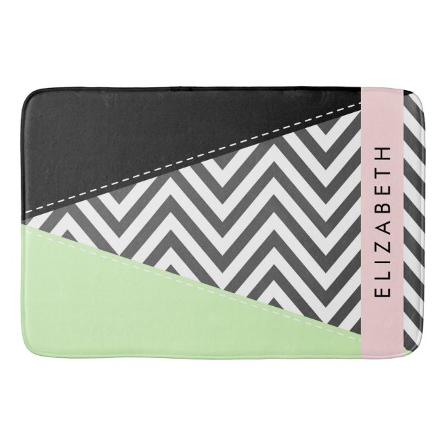 Grått Zigzag, Grått Chevron, Mint, ditt namn Badrumsmatta (Framsidan)