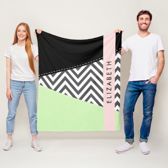 Grått Zigzag, Grått Chevron, Mint, ditt namn Fleecefilt (På plats)