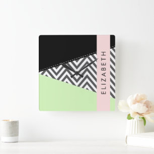 Grått Zigzag, Grått Chevron, Mint, ditt namn Fyrkantig Klocka