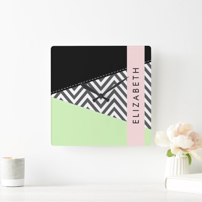 Grått Zigzag, Grått Chevron, Mint, ditt namn Fyrkantig Klocka (Hem)