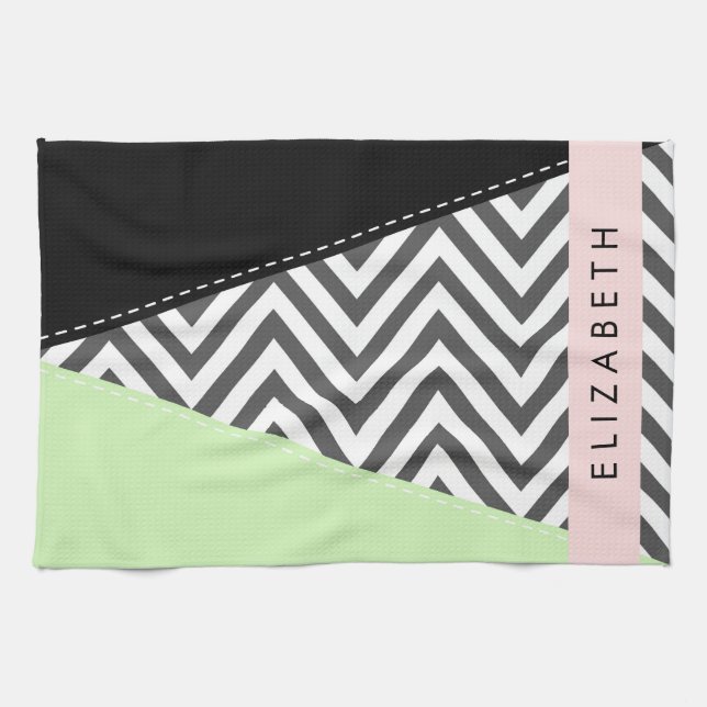 Grått Zigzag, Grått Chevron, Mint, ditt namn Kökshandduk (Horisontell)