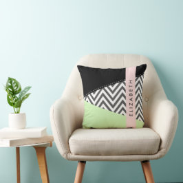 Grått Zigzag, Grått Chevron, Mint, ditt namn Kudde