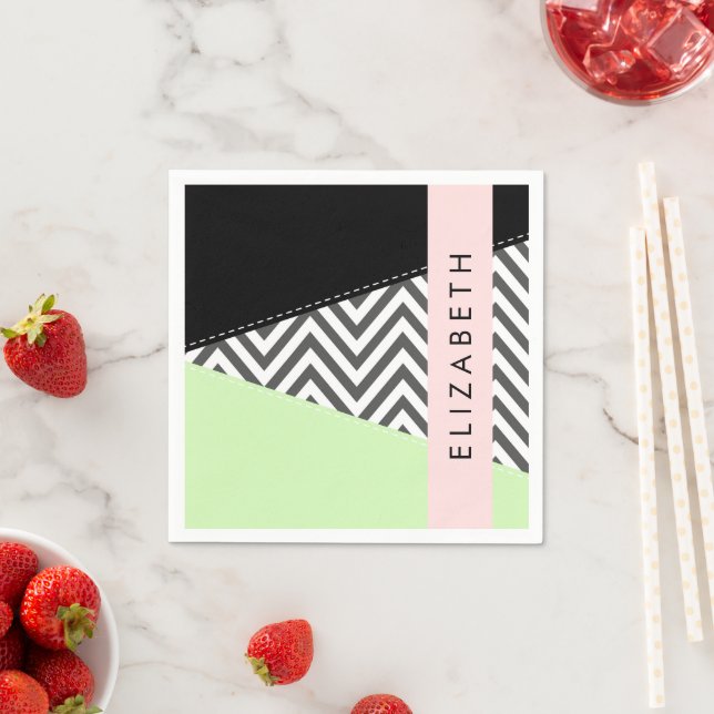 Grått Zigzag, Grått Chevron, Mint, ditt namn Pappersservett (Insitu)
