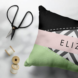Grått Zigzag, Grått Chevron, Mint, ditt namn Prydnadskudde