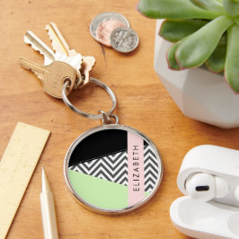 Grått Zigzag, Grått Chevron, Mint, ditt namn Rund Silverfärgad Nyckelring