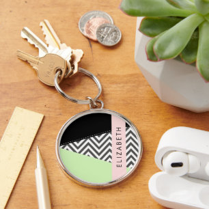 Grått Zigzag, Grått Chevron, Mint, ditt namn Rund Silverfärgad Nyckelring