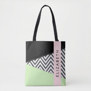 Grått Zigzag, Grått Chevron, Mint, ditt namn Tygkasse