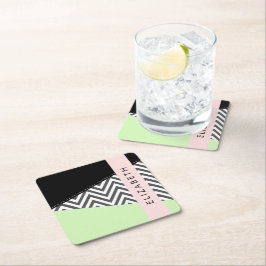 Grått Zigzag, Grått Chevron, Mint, ditt namn Underlägg Papper Kvadrat