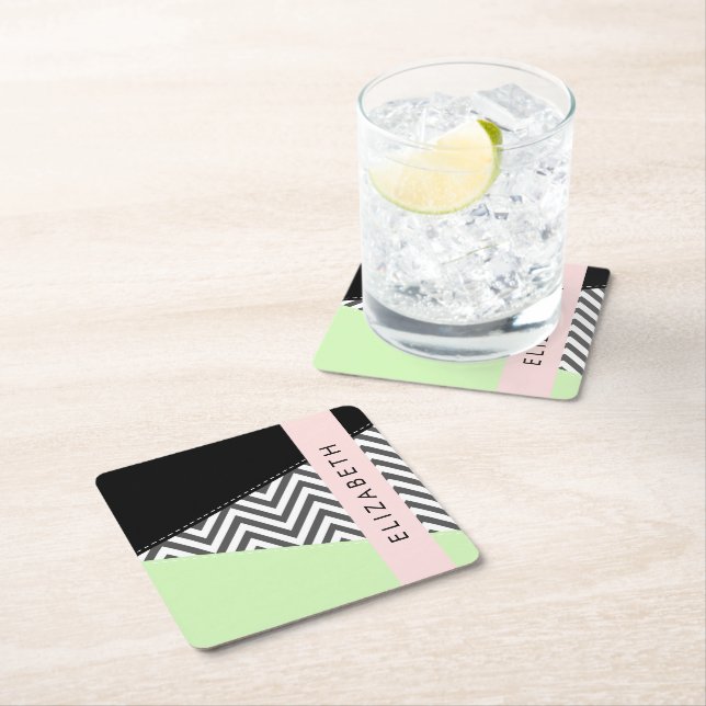 Grått Zigzag, Grått Chevron, Mint, ditt namn Underlägg Papper Kvadrat (Insitu)