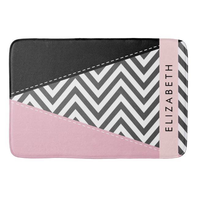 Grått Zigzag, Grått Chevron, Rosa, ditt namn Badrumsmatta (Framsidan)
