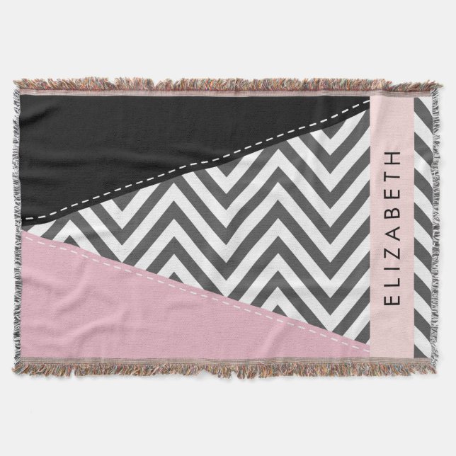Grått Zigzag, Grått Chevron, Rosa, ditt namn Filt (Framsidan)
