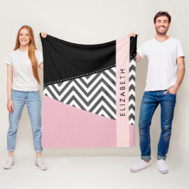 Grått Zigzag, Grått Chevron, Rosa, ditt namn Fleecefilt