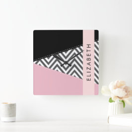 Grått Zigzag, Grått Chevron, Rosa, ditt namn Fyrkantig Klocka