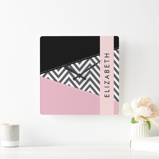Grått Zigzag, Grått Chevron, Rosa, ditt namn Fyrkantig Klocka (Hem)