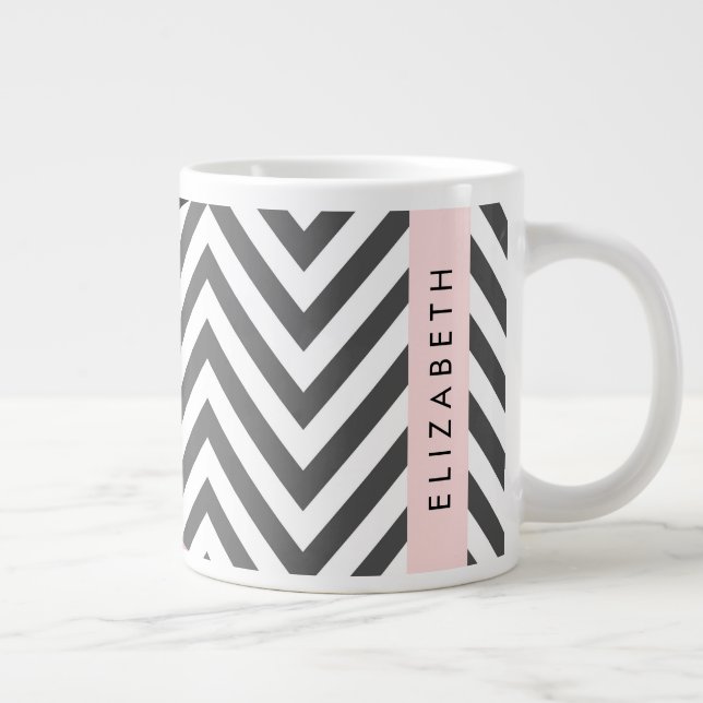 Grått Zigzag, Grått Chevron, Rosa, ditt namn Jumbo Mugg (Höger)