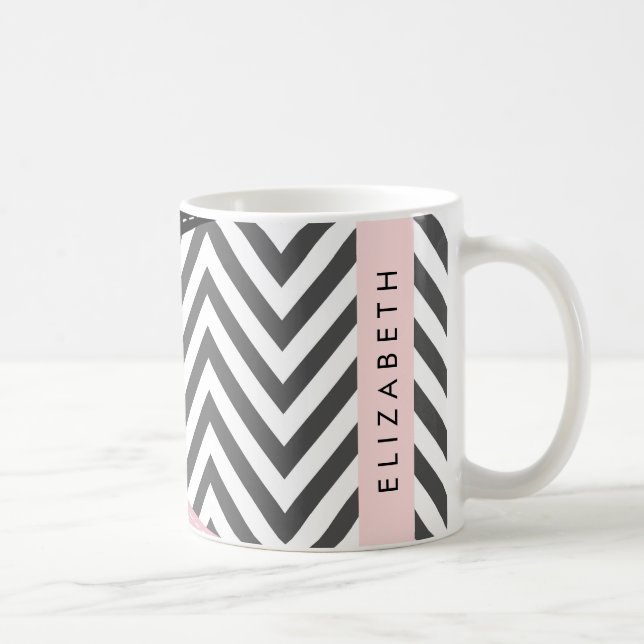 Grått Zigzag, Grått Chevron, Rosa, ditt namn Kaffemugg (Höger)